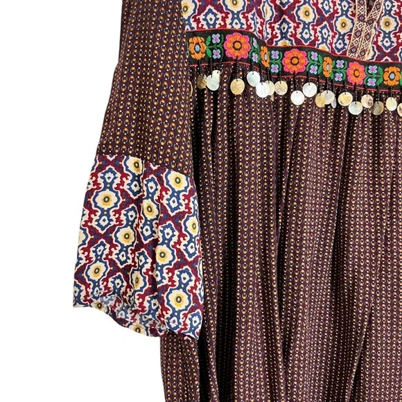 Umgee Boho‎ Tunic Top Boho Medallion Print Embellished Coins 3/4 Seve Sz L - Picture 3 of 8